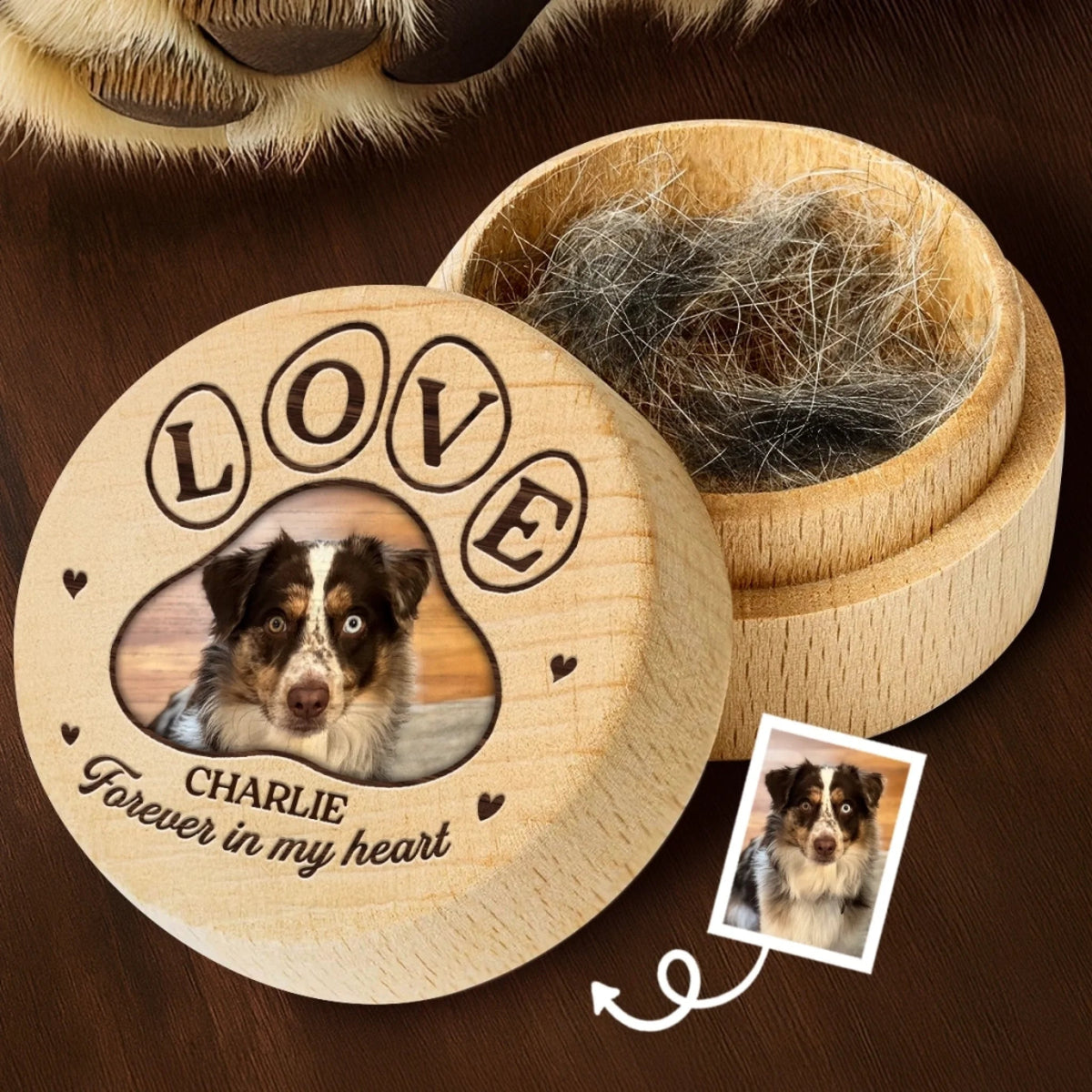 Custom Photo Wooden Fur Keepsake Box - Personalized Pet Memorial Gifts