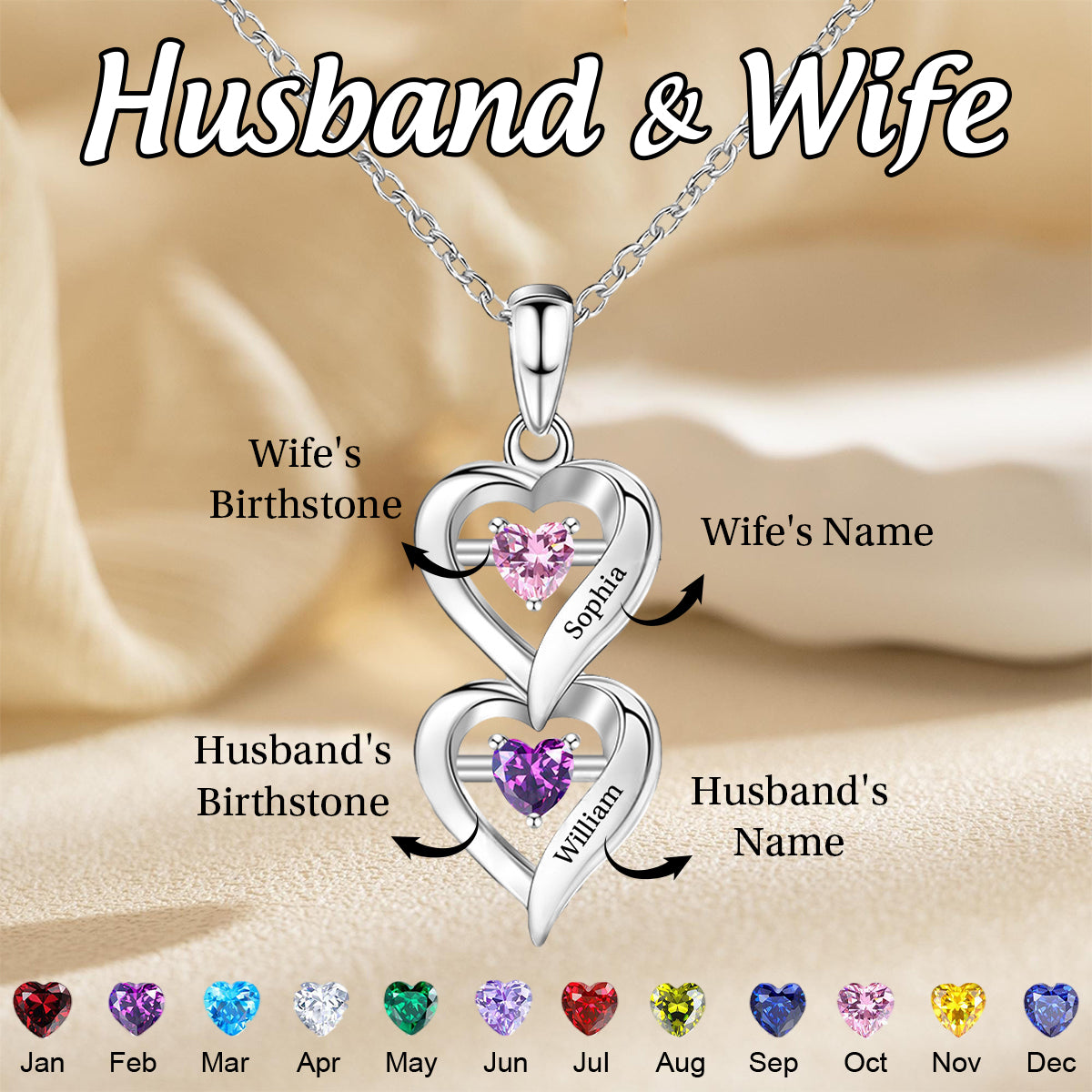 Personalized Two Heart Forever Love Birthstone Necklace