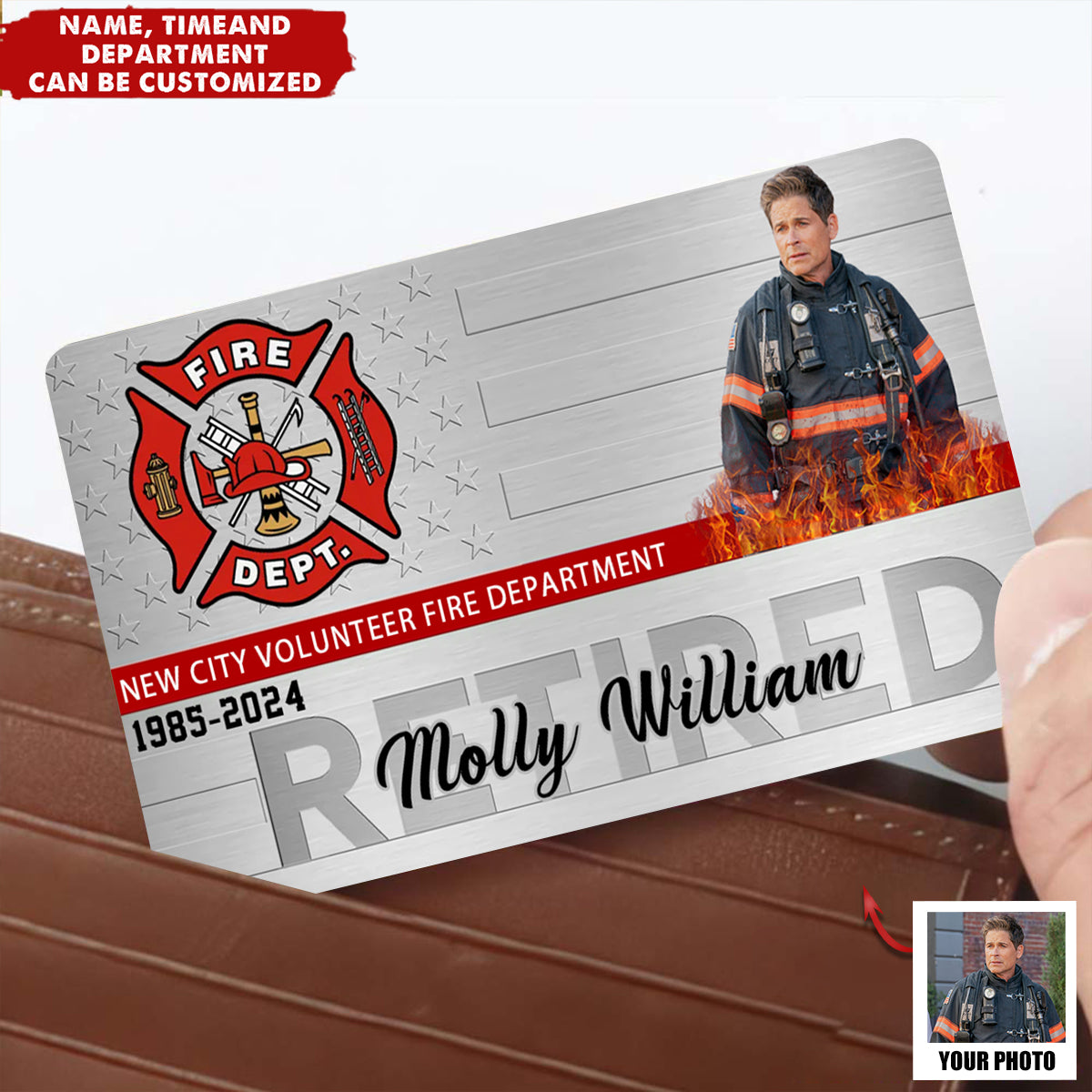 Upload Photo - Personalized Retired Firefighter Custom Name & Time Aluminum Wallet Card