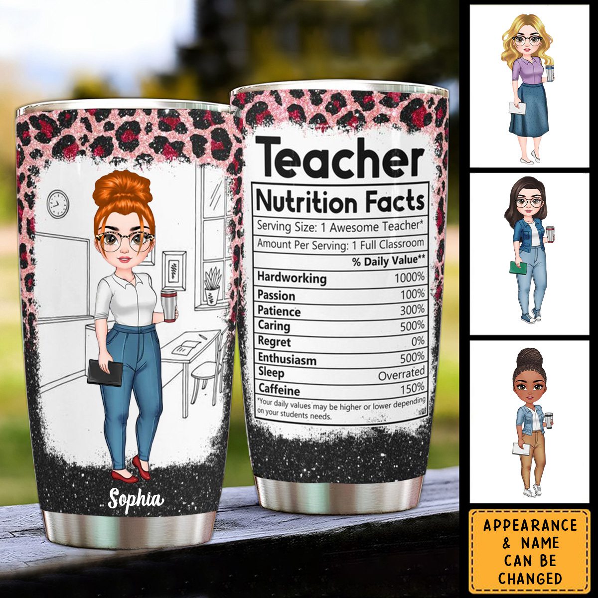 Teacher Nutrition Facts Leopard Version - Personalized Tumbler Cup