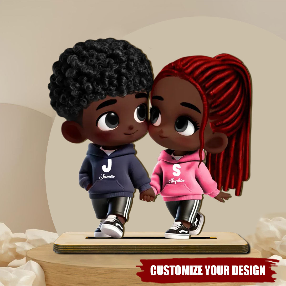 Cute Cartoon Couple Holding Hands Personalized Standing Wooden Plaque