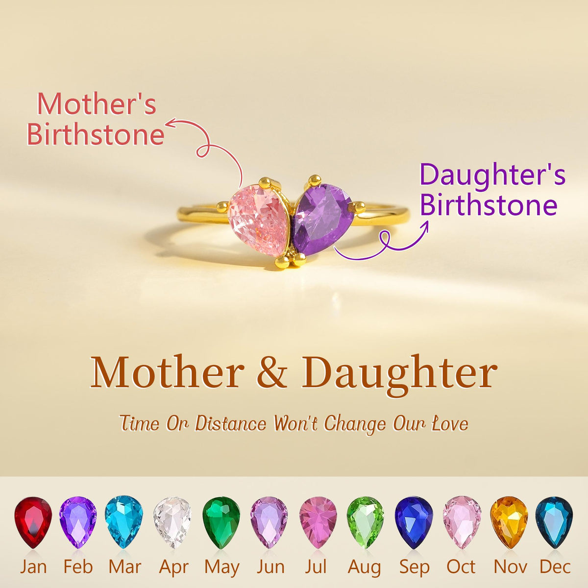Personalized Mother And Daughter Dual Teardrop Birthstone Heart Ring