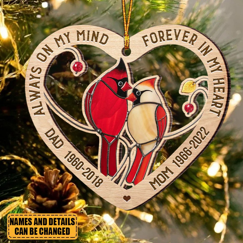 Couple Of Cardinal Birds Personalized Wooden Heart Shape Memorial Ornament