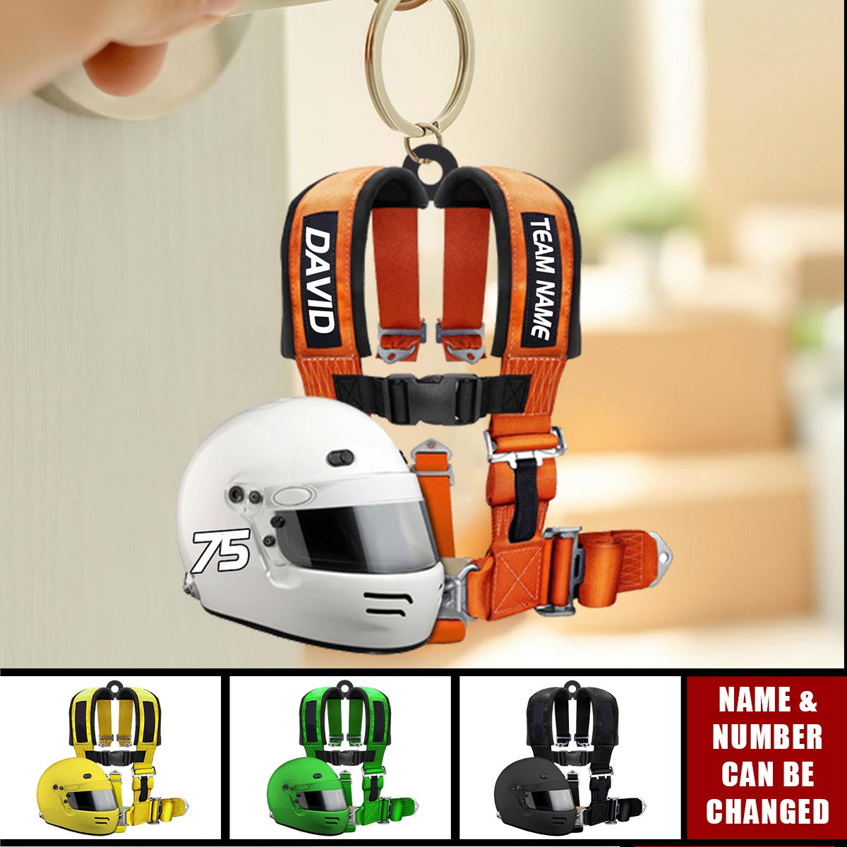 Personalized Racing Seat Belt And Helmet Keychain
