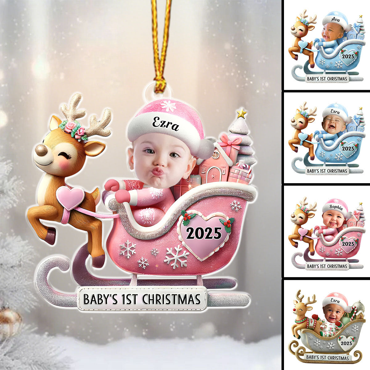 Baby In Reindeer Sleigh - Custom Photo Acrylic Ornament