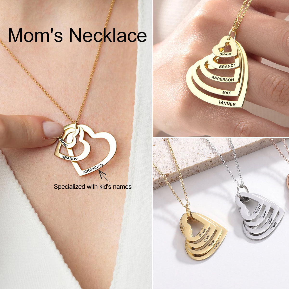 Personalized Heart Name Necklace, Mom's Necklace With Family's Names