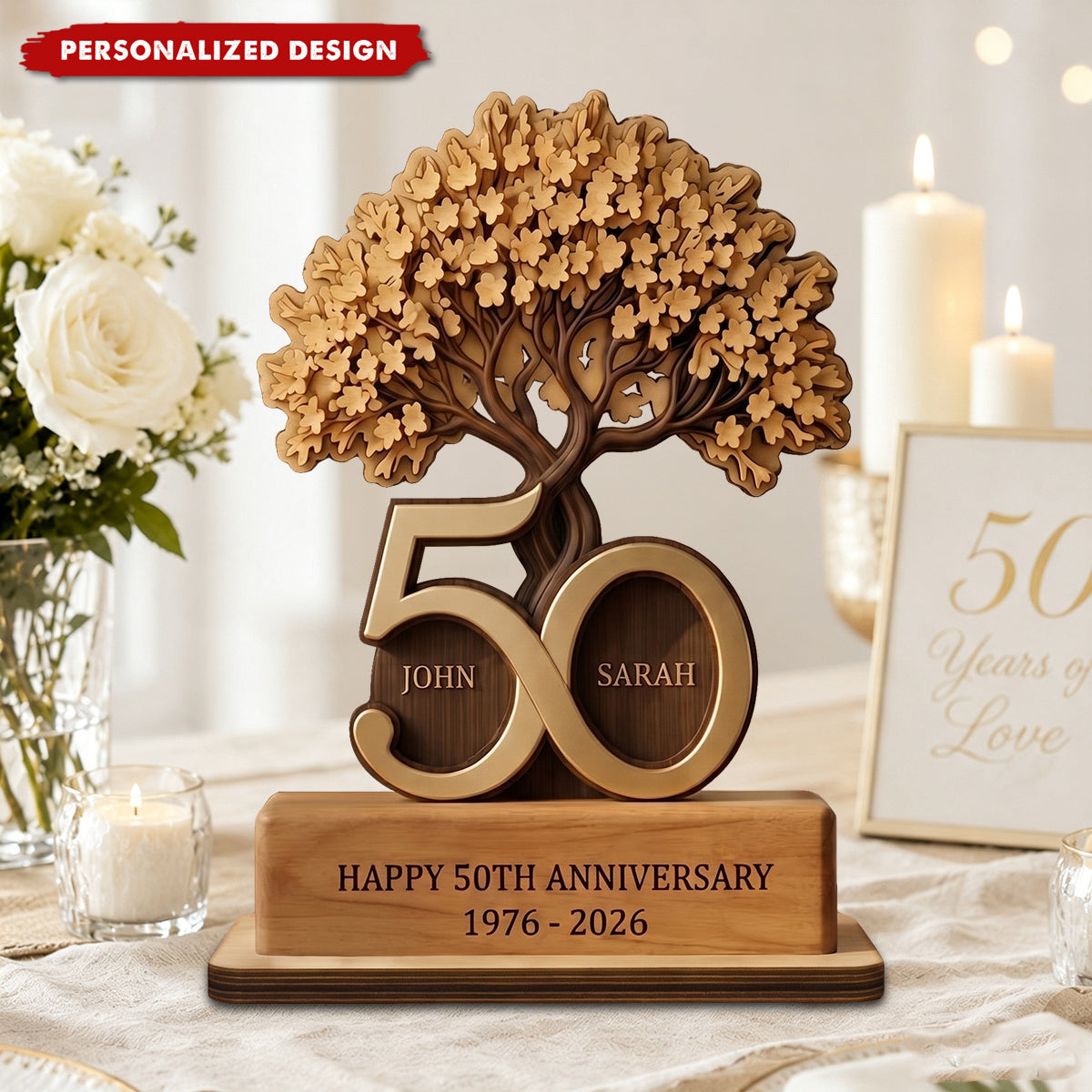 Personalized Wooden Anniversary Tree Block, 50 Years Golden Keepsake