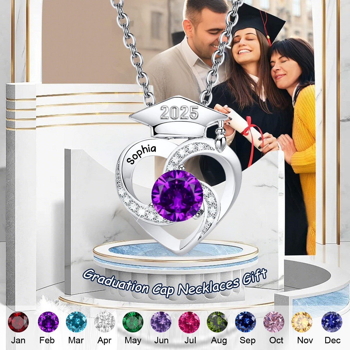 Graduation Gift for Class of 2025 Graduates-Personalized Graduation Cap Birthstone Necklace