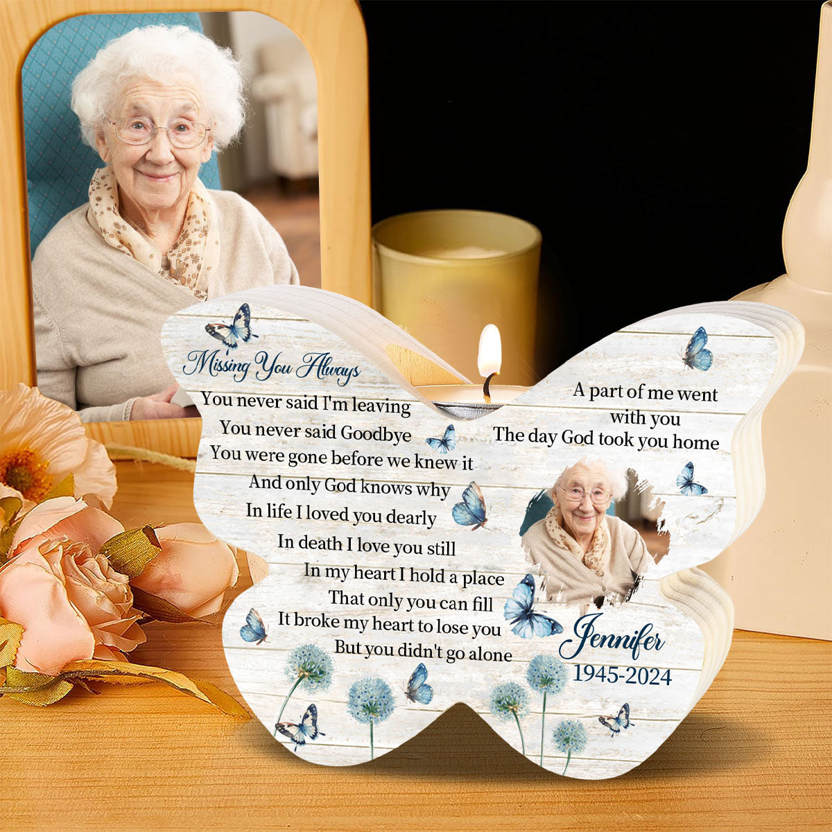 Personalized Butterfly Memorial Wooden Candle Holder With Photo & Name & Date