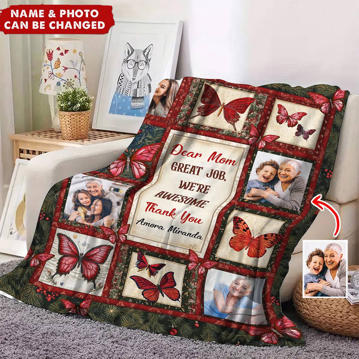 I Love You Mom Butterfly - Personalized Photo Blanket