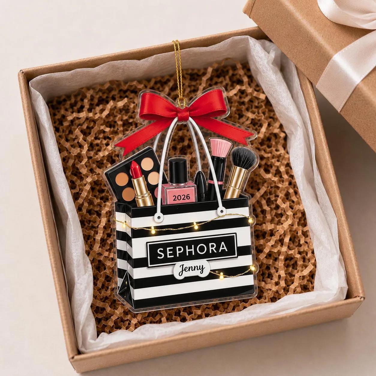 Personalized Makeup Lovers Ornament, Beauty Brush Tree Decor With Name