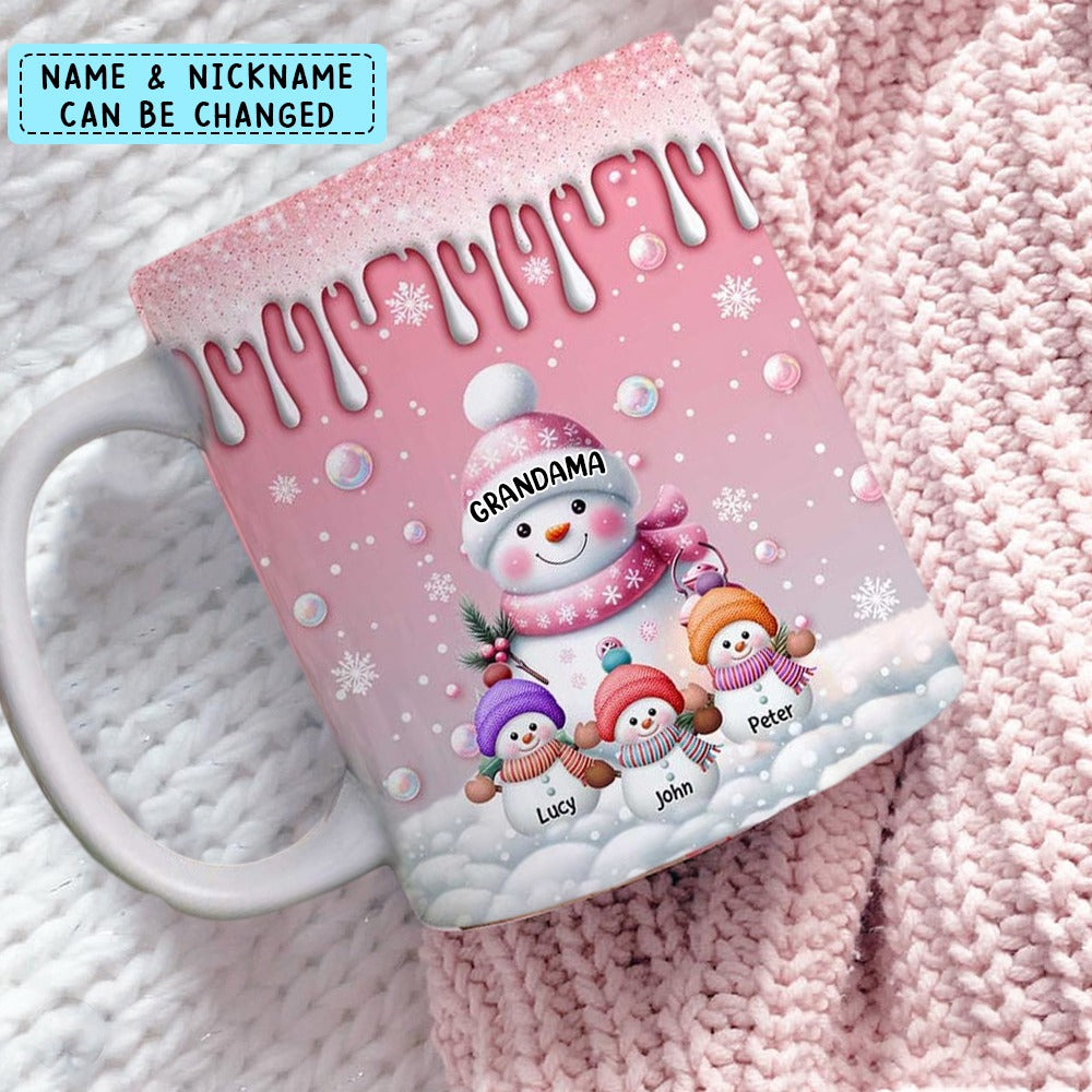 Sweet Cute Pinky Snowman Grandma Mom Kids Personalized Christmas Mug