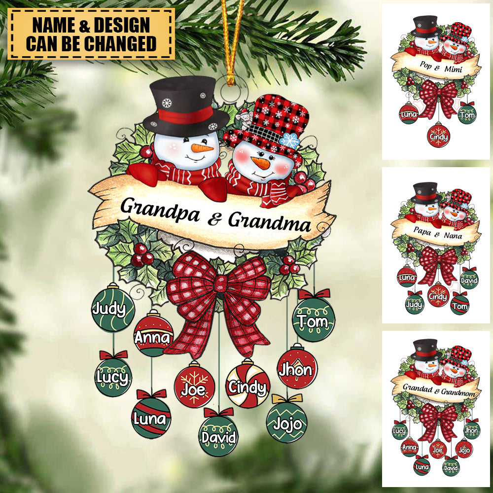 Snowman Grandpa & Grandma Christmas Ball Kids Personalized Acrylic Ornament