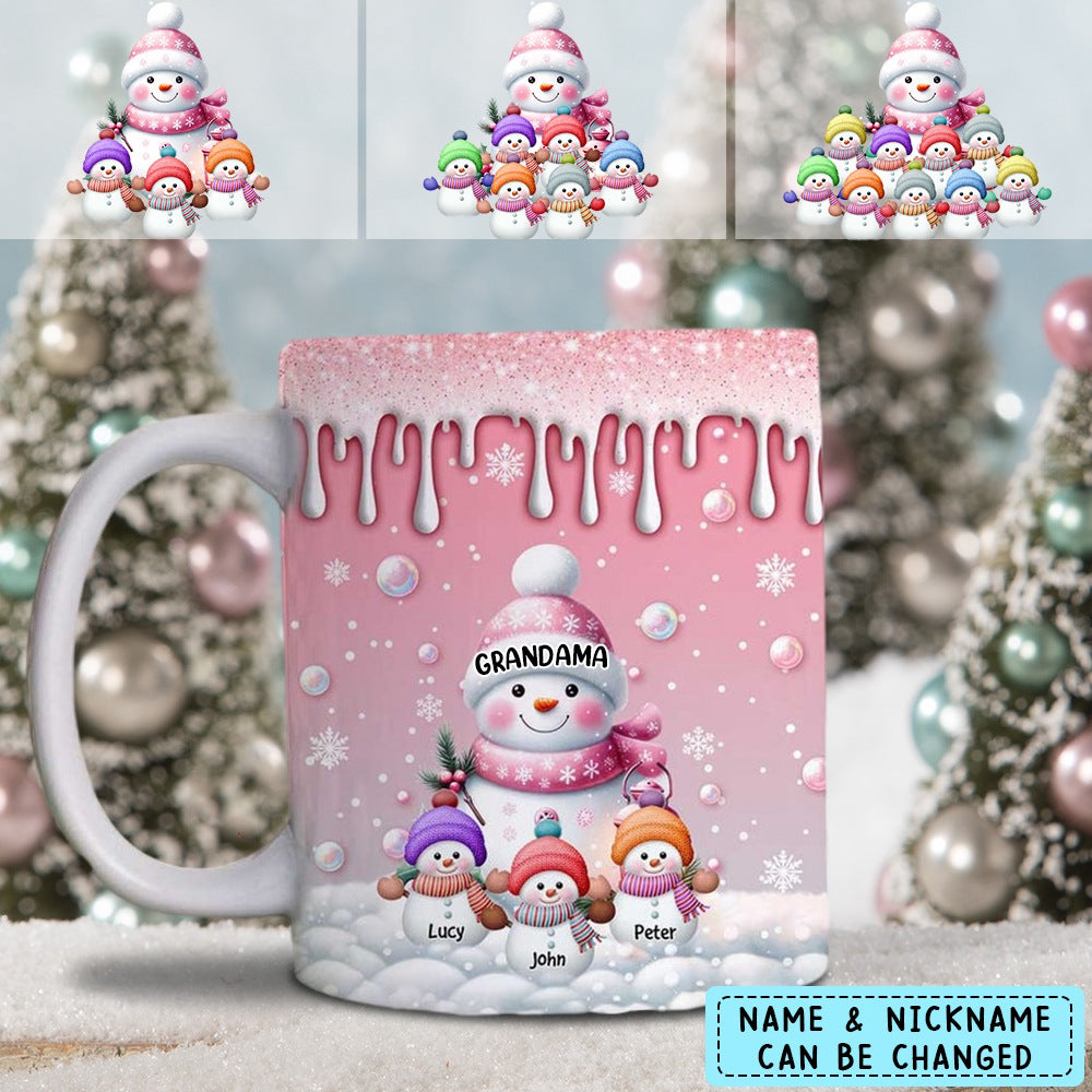 Sweet Cute Pinky Snowman Grandma Mom Kids Personalized Christmas Mug