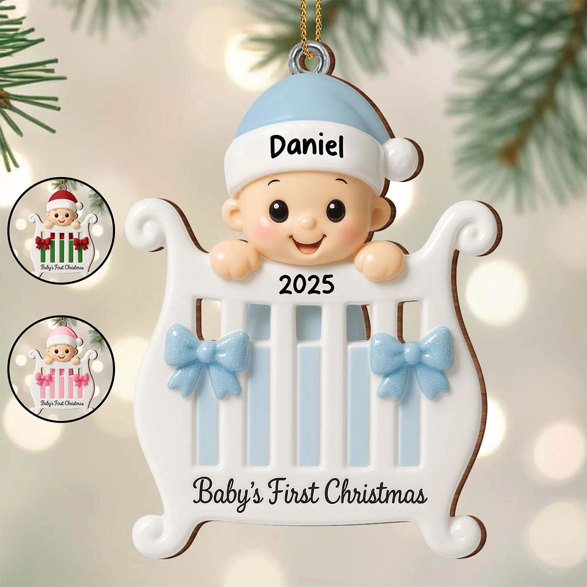 Baby's First Christmas With Crib and Bows, Custom Wood Ornament