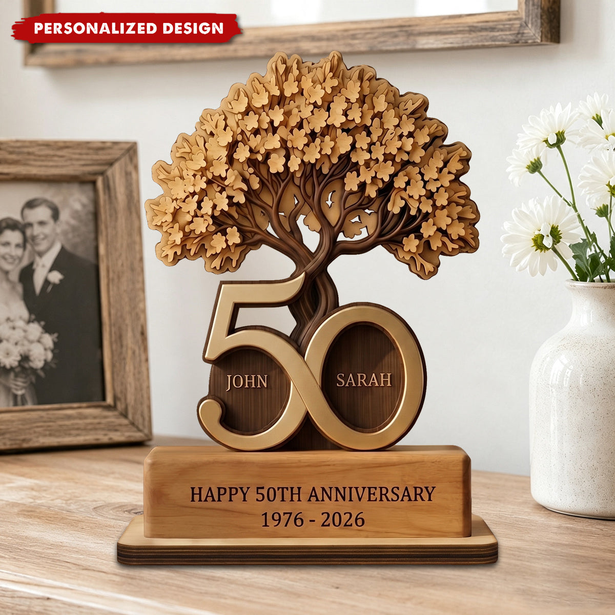 Personalized Wooden Anniversary Tree Block, 50 Years Golden Keepsake