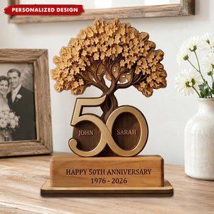 Personalized Wooden Anniversary Tree Block, 50 Years Golden Keepsake