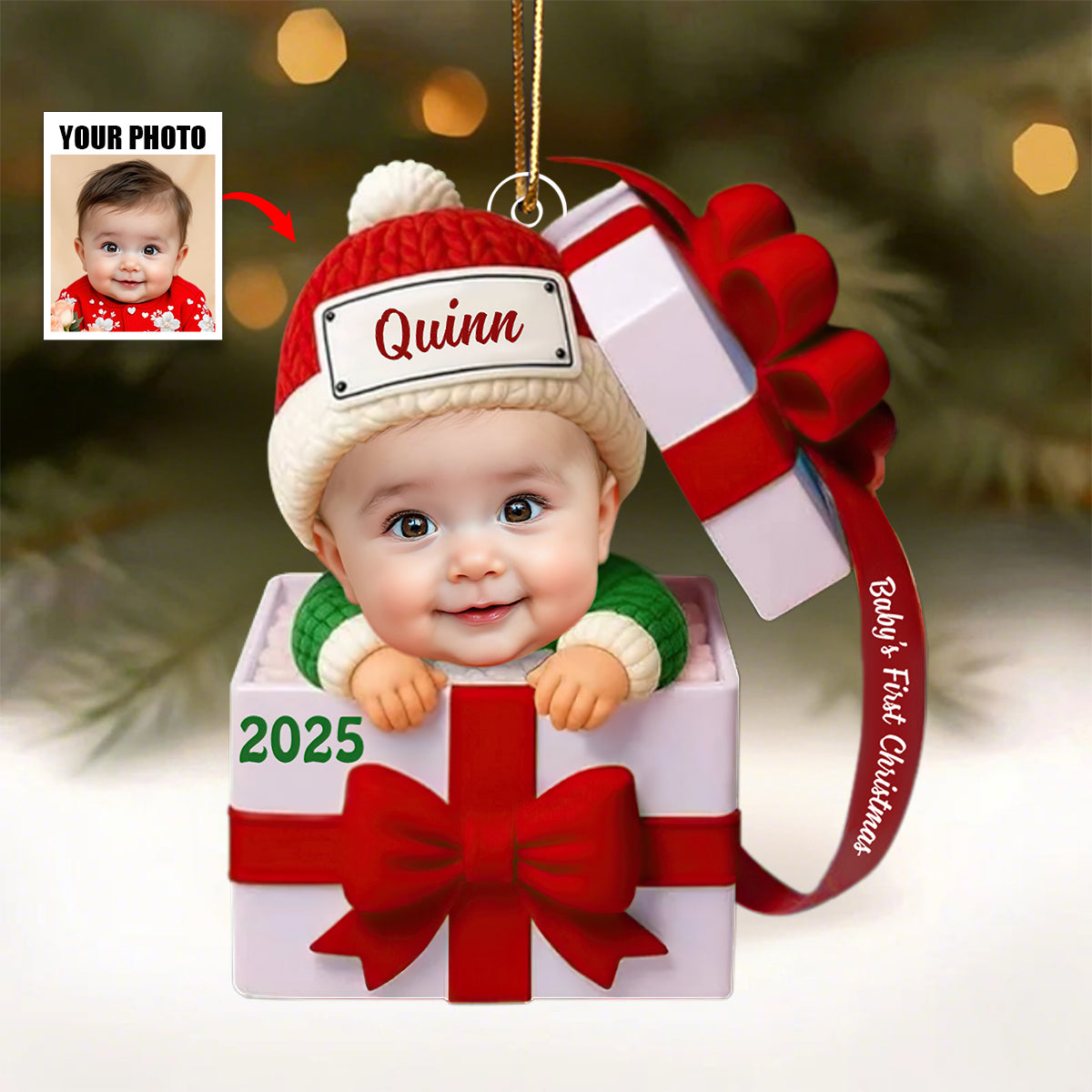 Custom Name & Year Gift Box Decoration, Newborn Acrylic Ornament