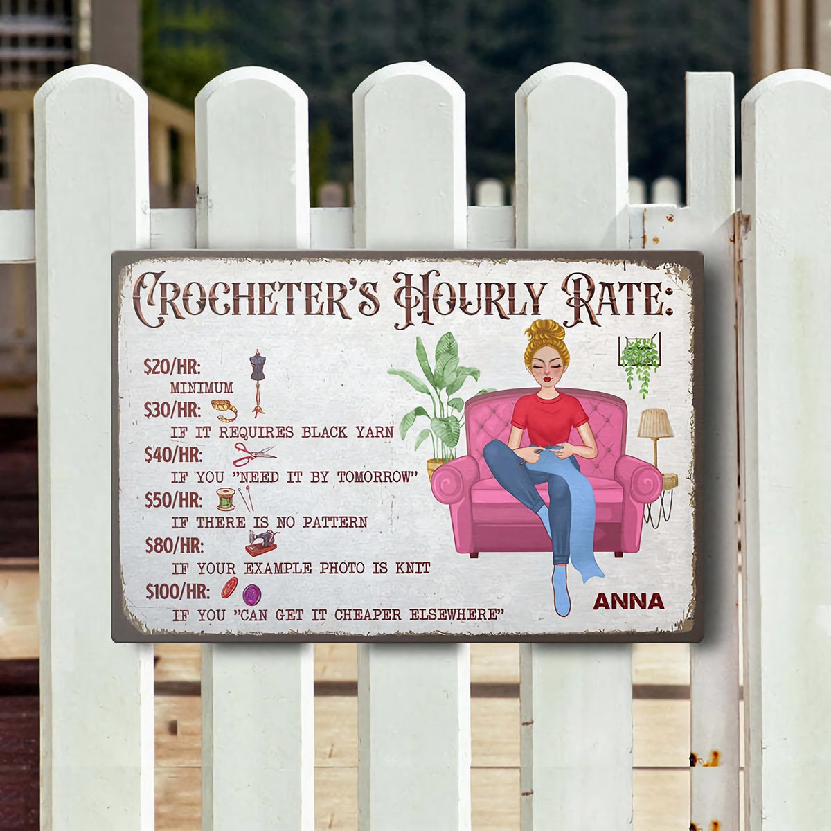 Personalized Crochet And Knitting Hourly Rate Metal Sign-Gift for Crochet & Knitting Lovers