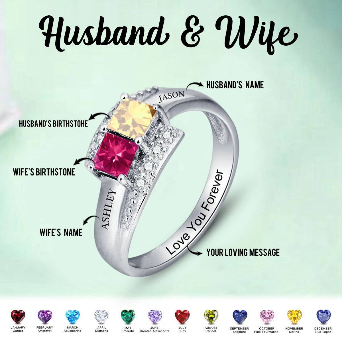 Personalized Square Birthstones Promise Ring - Gift For Couple