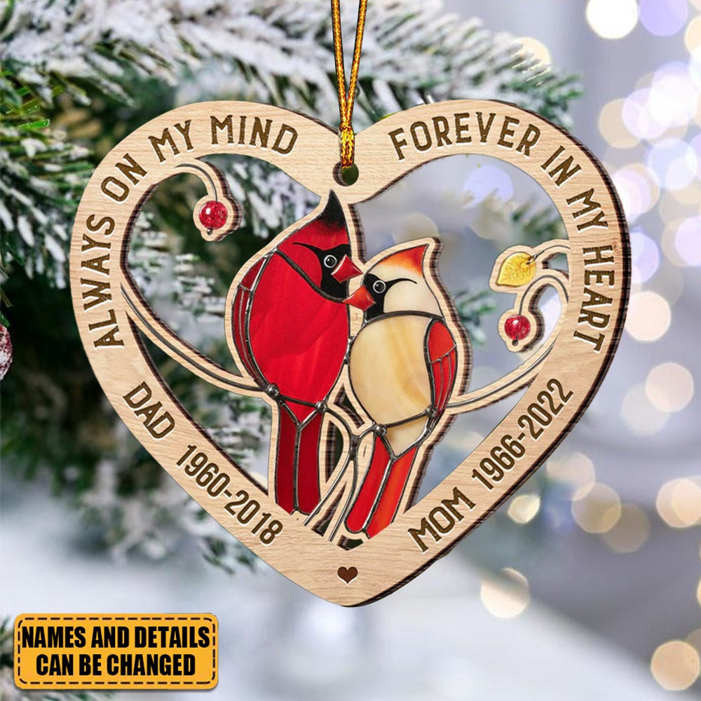 Couple Of Cardinal Birds Personalized Wooden Heart Shape Memorial Ornament