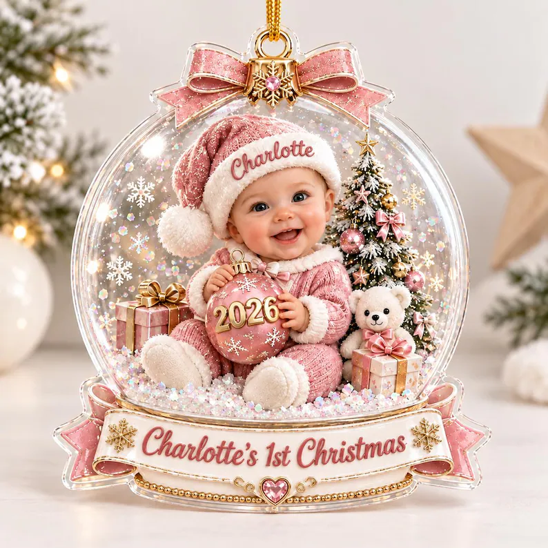 Personalized Baby First Christmas Ornament, Custom Photo Snow Globe Keepsake