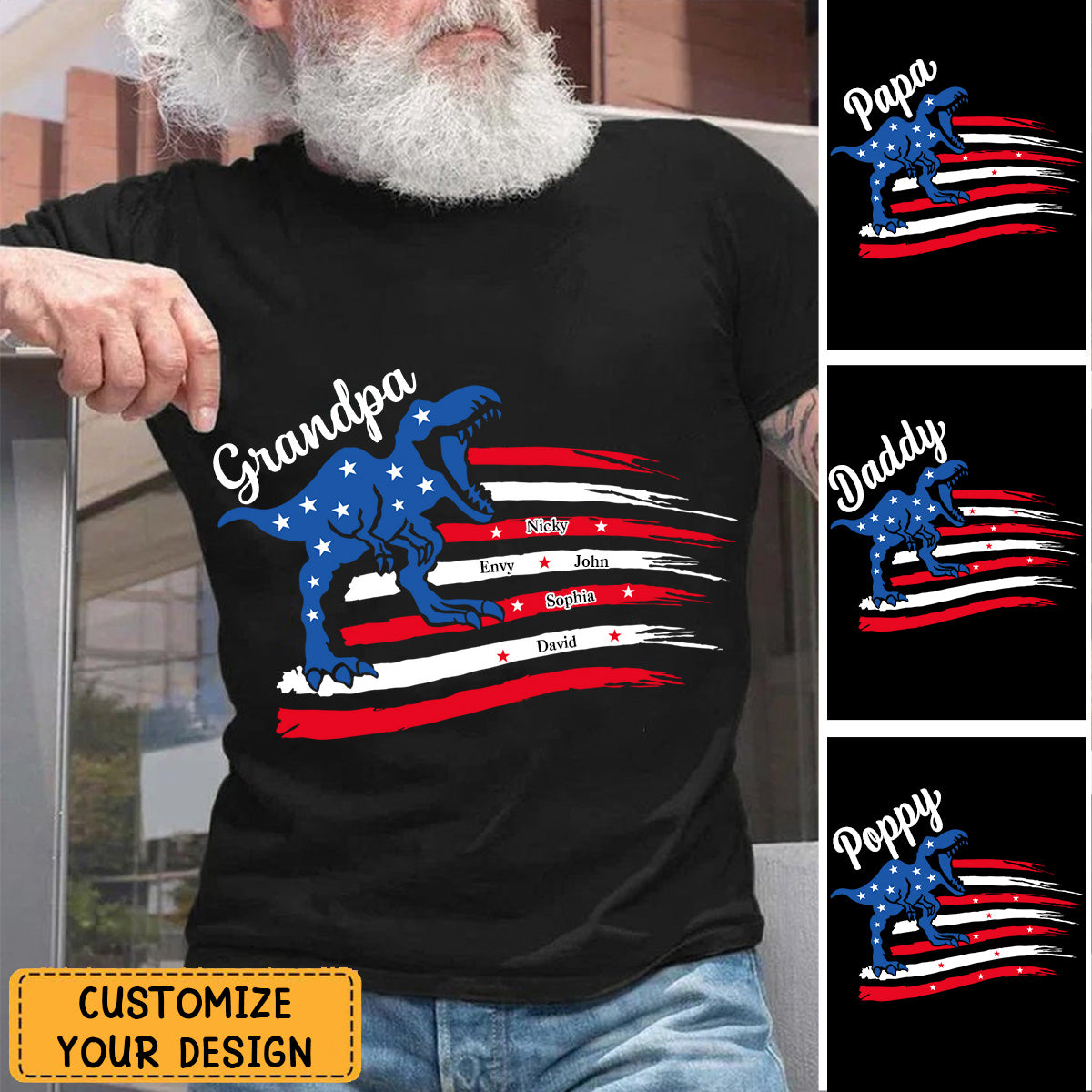 Gift For Dinosaur Grandpa Saurus July 4th USA Flag Star Stripe Personalized T-shirt