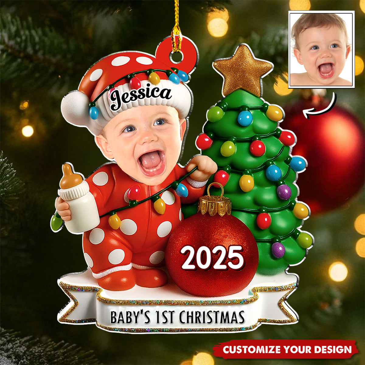 Red Dot Holiday - Personalized Baby Photo Christmas Ornament