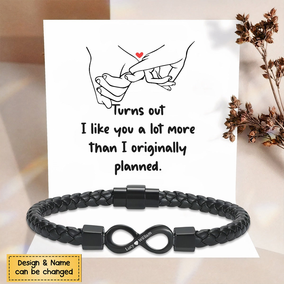 Turns out I like you a lot more than I originally planned Personalized Dual Name Infinity Leather Bracelet