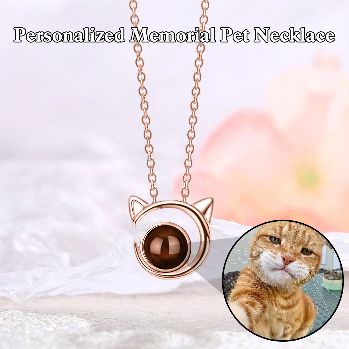 Personalized Cat Ears Memorial Necklace With Photo Projection