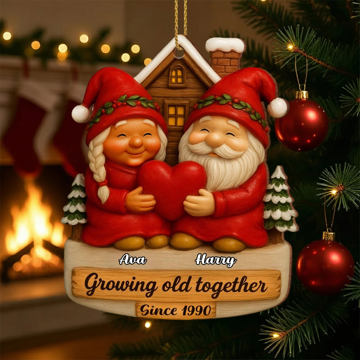 Growing Old Together With Santa Claus Figures, Custom Wood Ornament