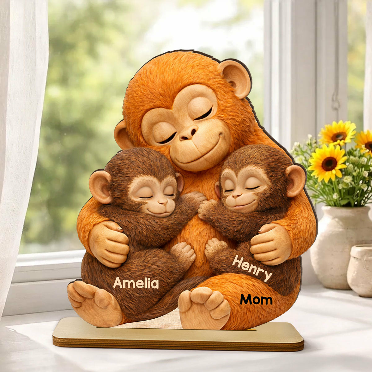 Mother Monkey & Children, Baby Punch Monkey-Personalized Wooden Plaque-Gift for Mom, Wife