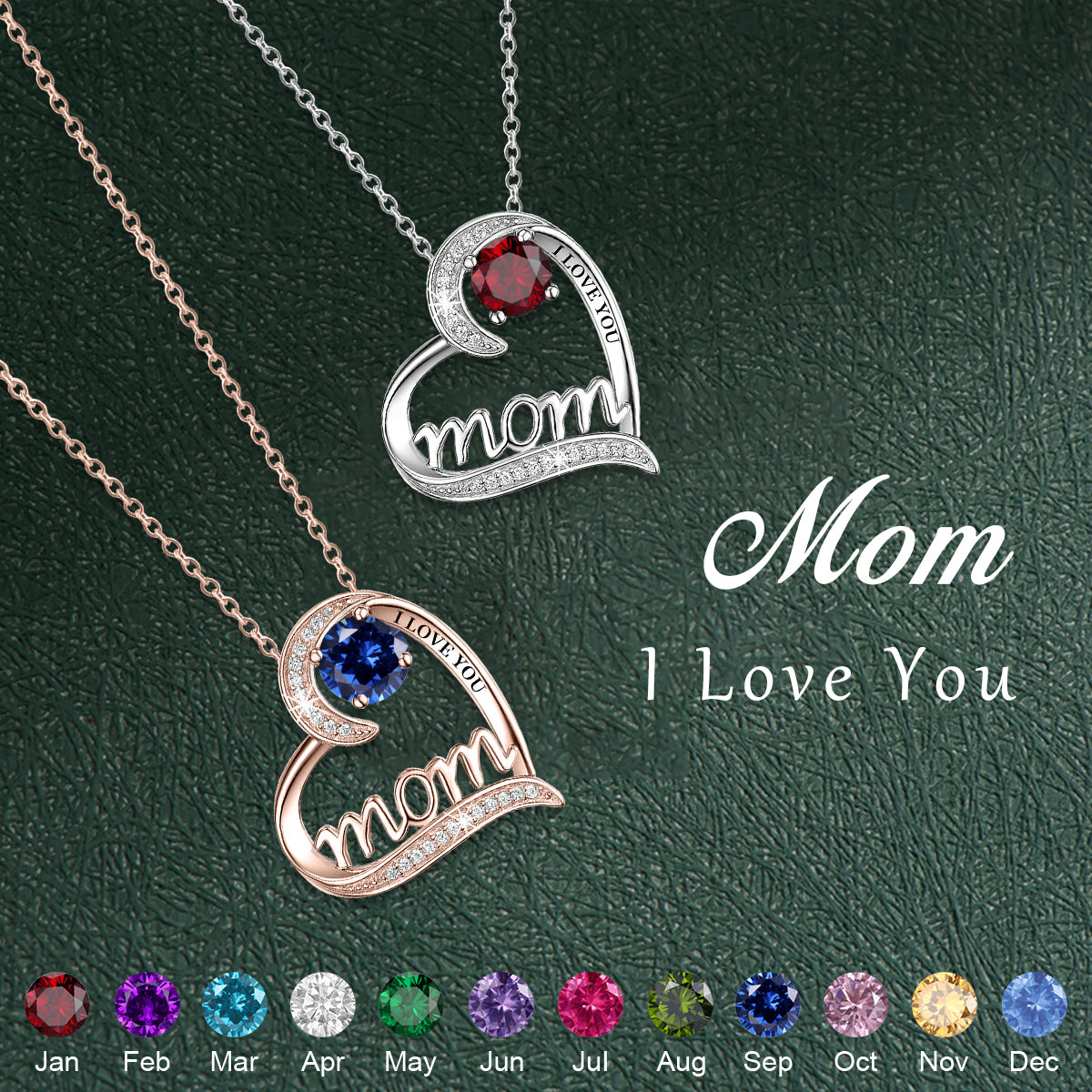 I Love You Mom - Personalized Love Heart Birthstone Necklace