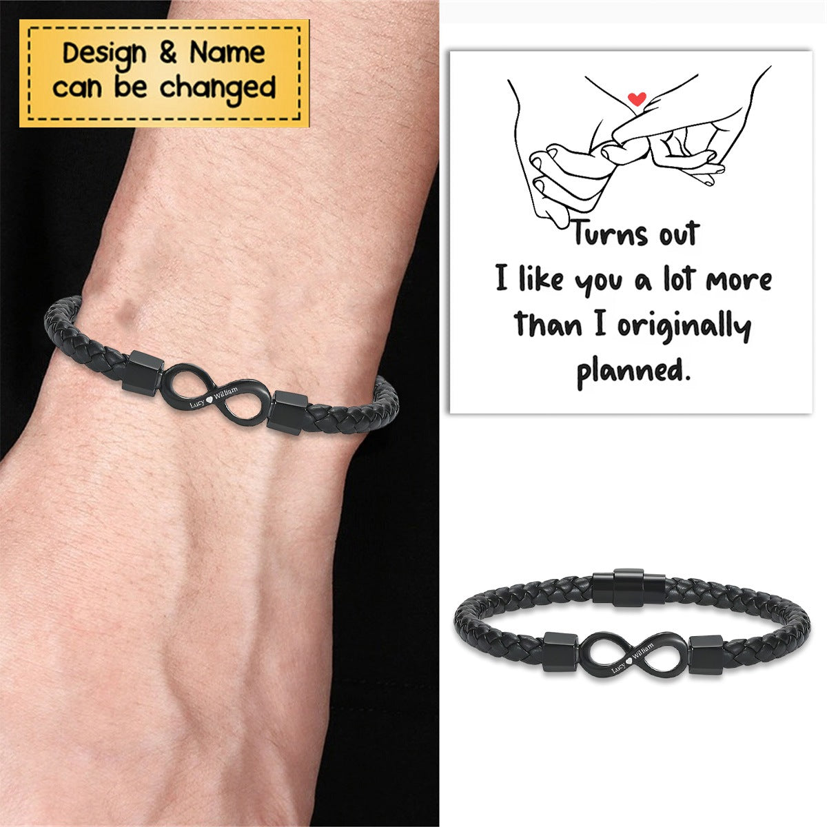 Turns out I like you a lot more than I originally planned Personalized Dual Name Infinity Leather Bracelet