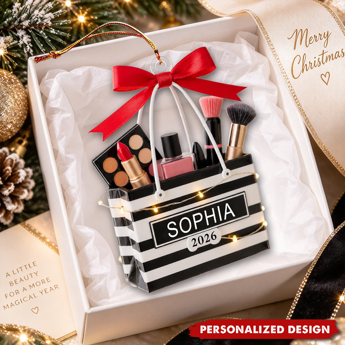 Personalized Makeup Lovers Ornament, Beauty Brush Tree Decor With Name