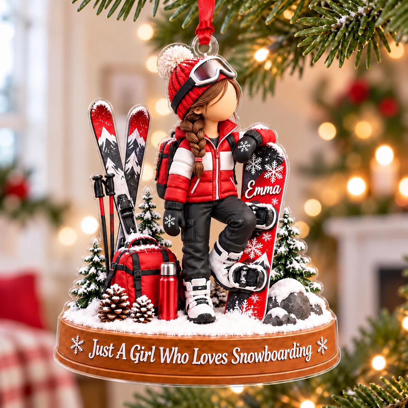 Personalized Snowboarding Girl Ornament, Custom Name Christmas Decor