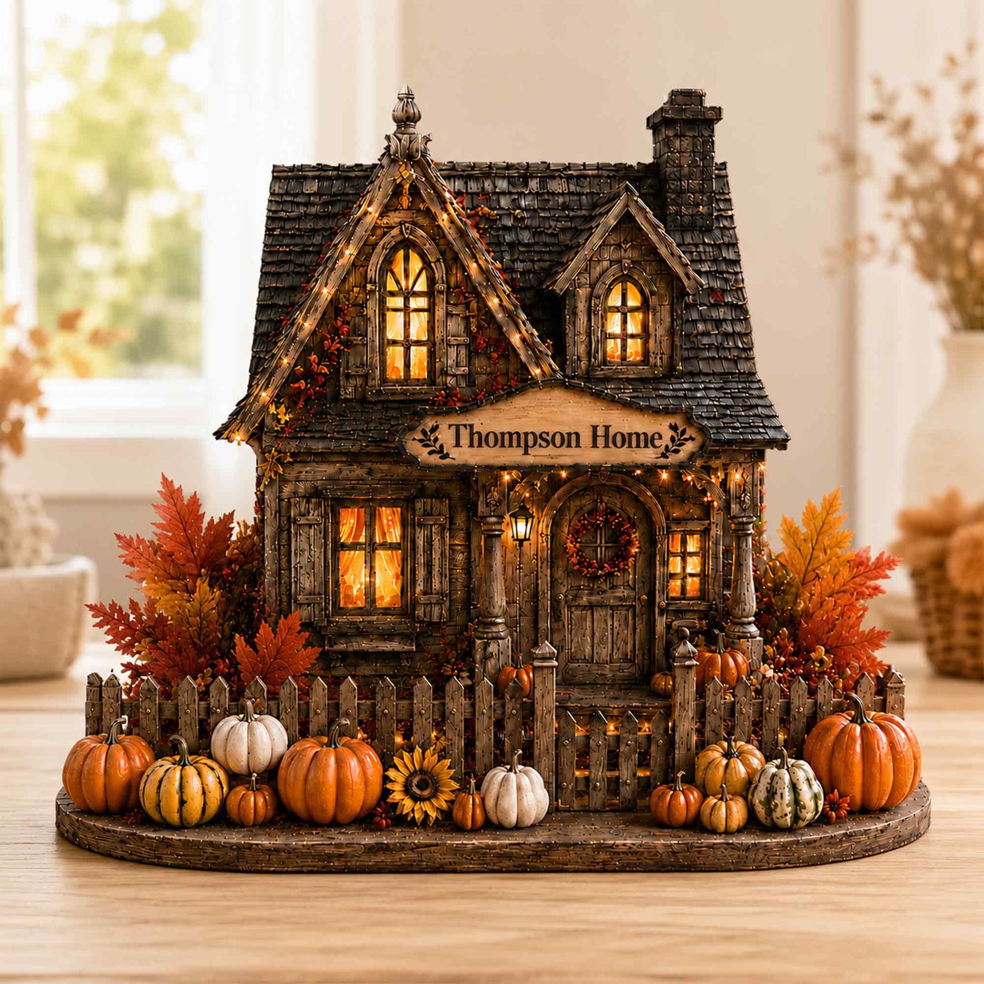 Personalized Harvest Home Wooden Block, Autumn Village Wooden Sign