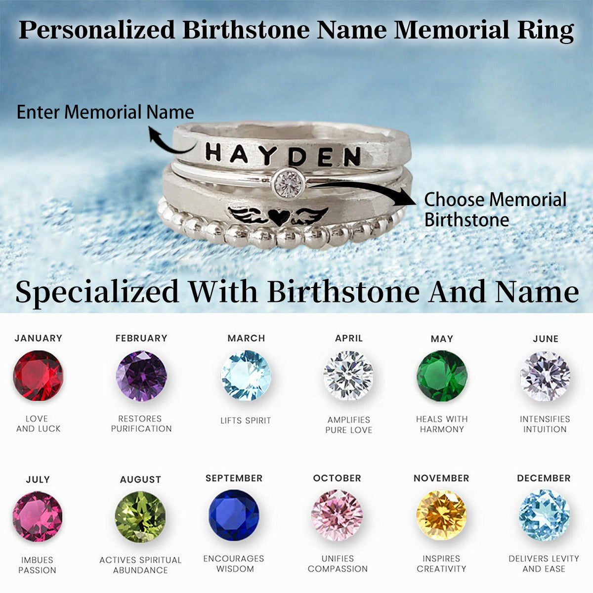 Personalized Birthstone Ring with Name - Angel Wings Memorial Gift