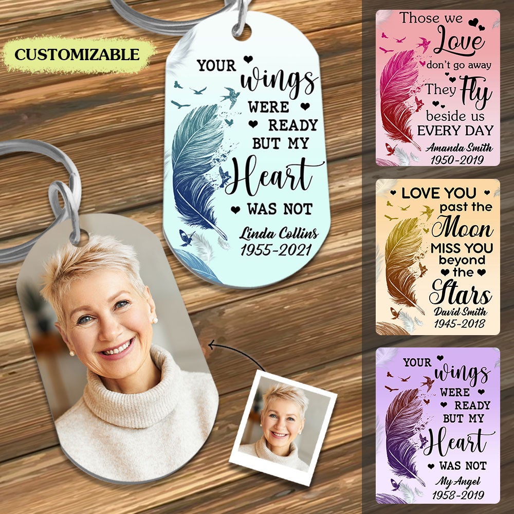 Flying To Heaven Bird Feather Photo Stainless Steel Keychain Memorial