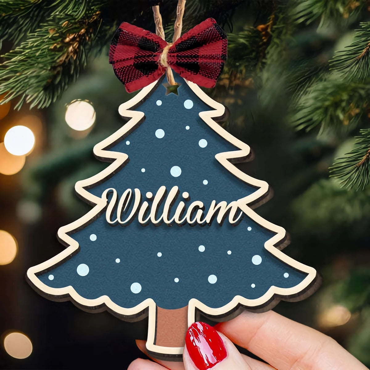 Christmas Tree Custom Family Name -Personalized 2 Layers Wooden Ornament With Bow