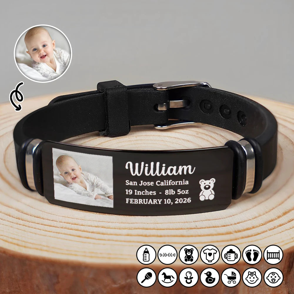 Custom Photo Baby Newborn Information - Personalized Engraved Bracelet