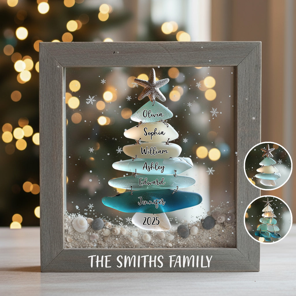 Family Sea Glass Christmas Tree - Personalized Family Custom Shaped Acrylic Plaque
