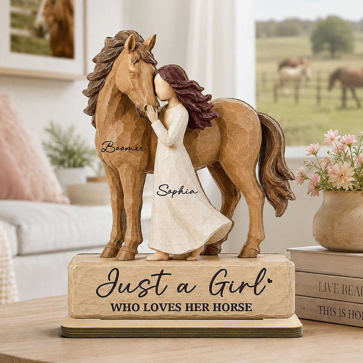 Girl Standing With Horse - Personalized Wooden Plaque