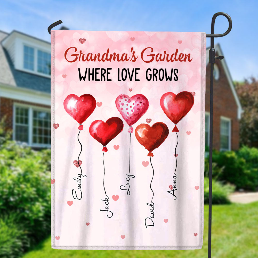 Grandma Mom's Garden Sweet Heart Balloon Kids, Where Love Grows Personalized Flag