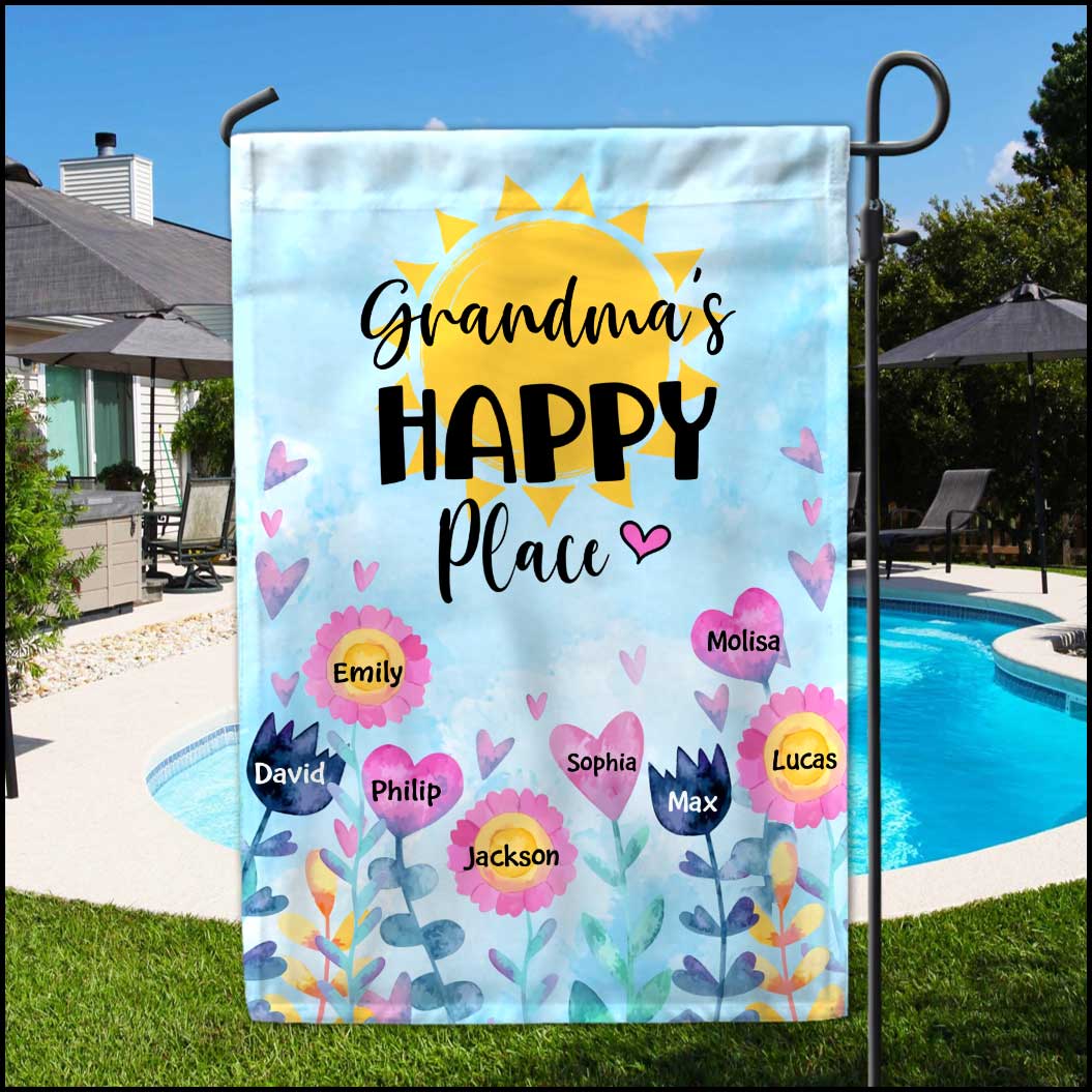Grandma's Happy Place Personalized Garden House Flag - Gift for Grandma Mom Auntie