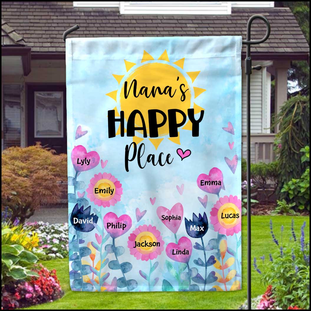 Grandma's Happy Place Personalized Garden House Flag - Gift for Grandma Mom Auntie