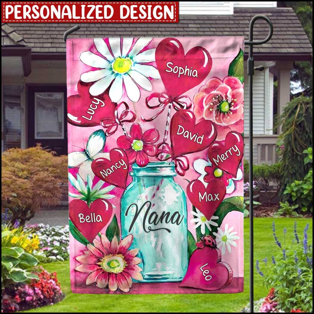 Personalized Heart Pink Bouquet Jar Decorative Garden Flags-Gift For Grandma Mom