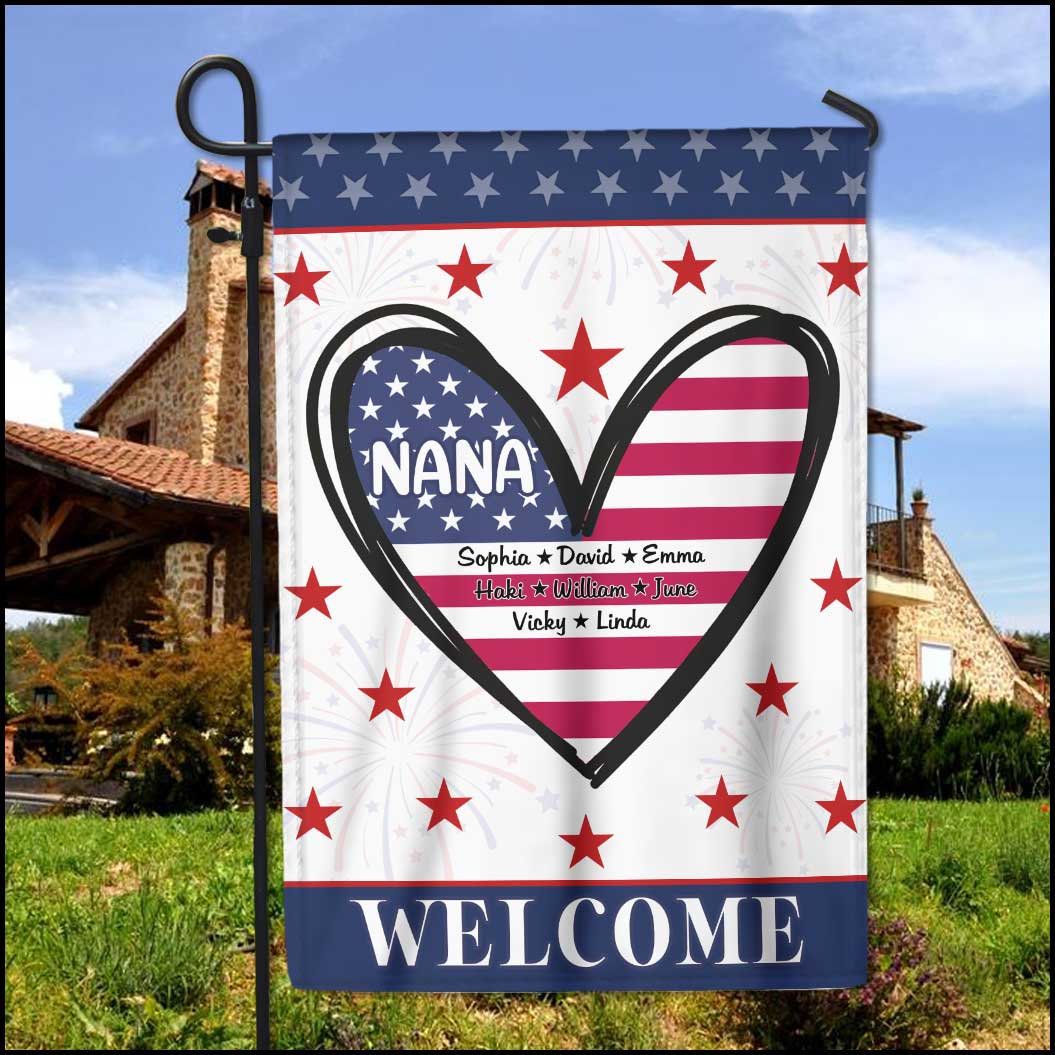 Independence Day American Flag Heart Nana Mom Kids Welcome Personalized Garden Flag