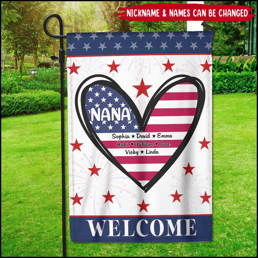 Independence Day American Flag Heart Nana Mom Kids Welcome Personalized Garden Flag