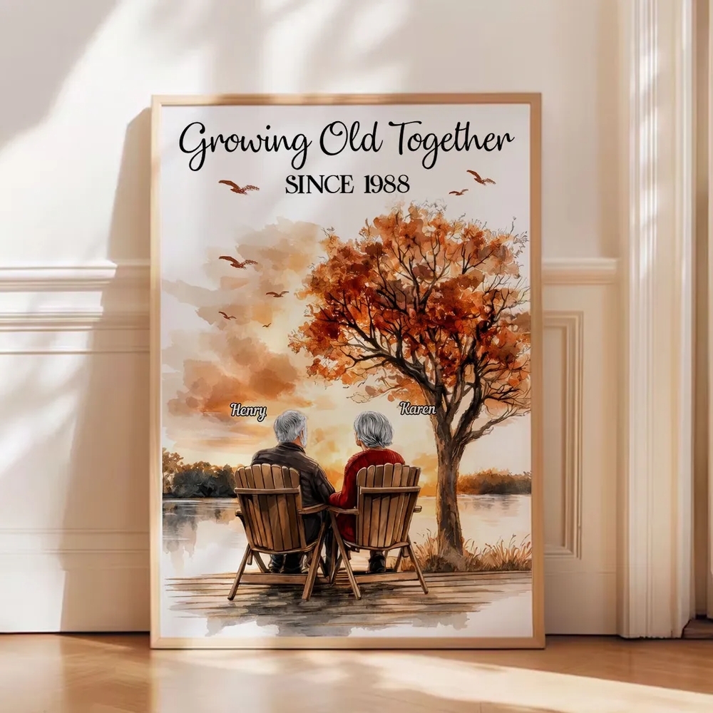 Romantic Old Couple At Park Bench - Personalized Couple Poster